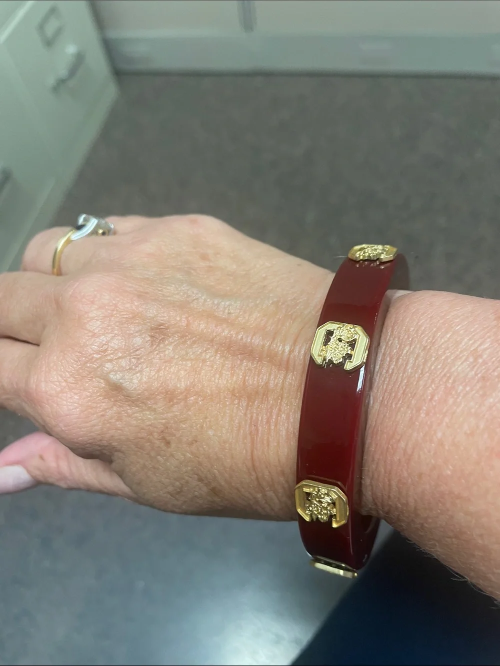 Gold-Accent Burgundy Gamecock Resin Bangle Bracelet